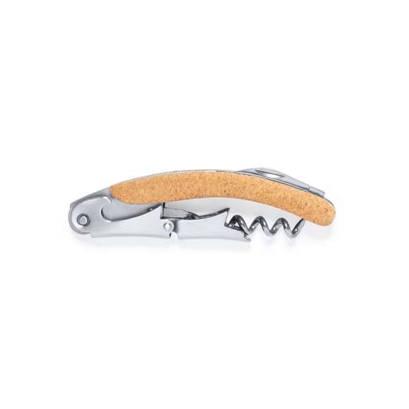 Sacacorchos de 2 tiempos fabricado en acero inox, con mango en corcho natural y cortacápsulas integrado. Presentado en caja individual de diseño kraft.