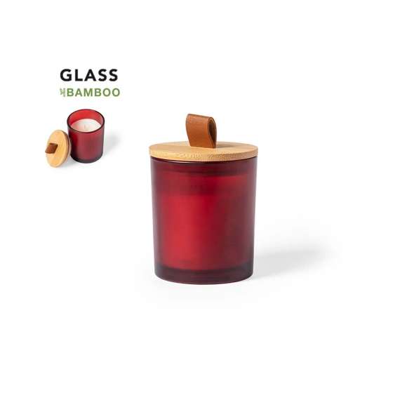 Vela aromática en tarrito de cristal con tapa de bambú. Disponible en cristal de variados colores y con distintos aromas según el color:Blanco aroma vainilla. Negro aroma sándalo. Rojo aroma canela.Verde aroma jazmín. Presentada en caja individual de diseño kraft.