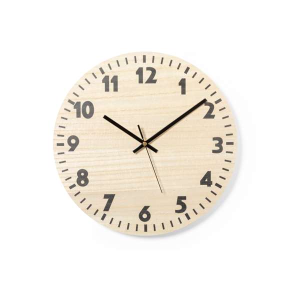 Reloj de pared fabricado en madera MDF y dial en tono natural. Presentado en caja individual de diseño kraft. Alimentación a pilas (1xAA no incluida).