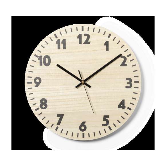 Reloj de pared fabricado en madera MDF y dial en tono natural. Presentado en caja individual de diseño kraft. Alimentación a pilas (1xAA no incluida).