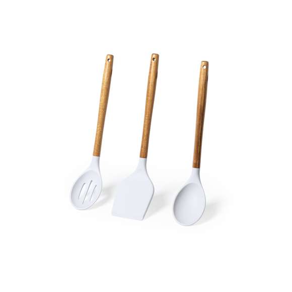 Set de cocina de 3 piezas, con mango fabricado en madera de acacia natural y accesorios en silicona. Incluye cuchara, paleta y espumadera, con base de cerámica a juego. Presentación en caja individual de diseño kraft.