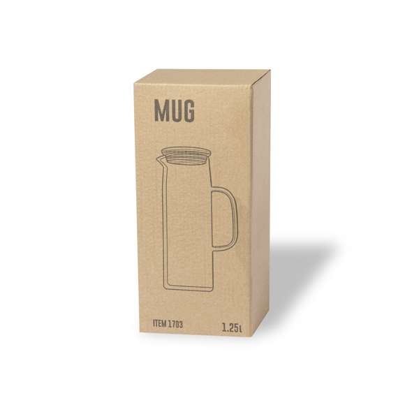 Jarra de 1,25 l de capacidad, fabricada en cristal de borosilicato, que ofrece una resistencia y durabilidad excepcionales, alargando su vida útil y pudiendo ser reutilizada infinidad de veces. Tapón en bambú con ajuste a presión. Presentado en caja individual de diseño kraft.