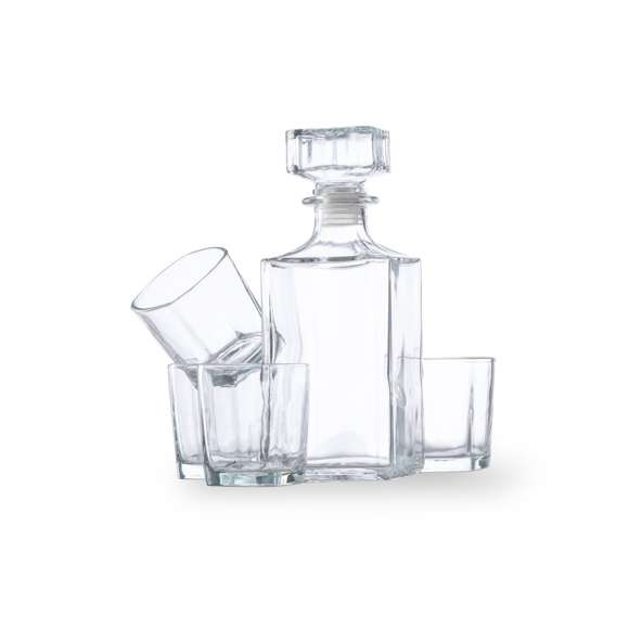 Set de whisky de sobrio diseño y fabricado en cristal. Incluye 4 vasos de 200 ml y decantador de 1 l, con tapón en cristal. Presentación en caja individual de diseño kraft.