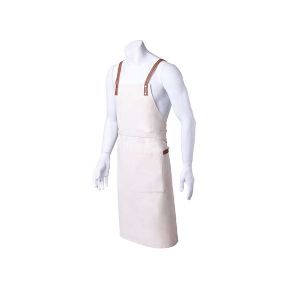 Delantal de alta calidad en resistente material 100% algodón canvas de 340g/m2, con costuras reforzadas. De corte por debajo de la rodilla, con cintas en resistente polipiel y triple ajuste: cuello, espalda y cintura. Con bolsillo frontal, accesorio en polipiel y remaches metálicos de refuerzo.