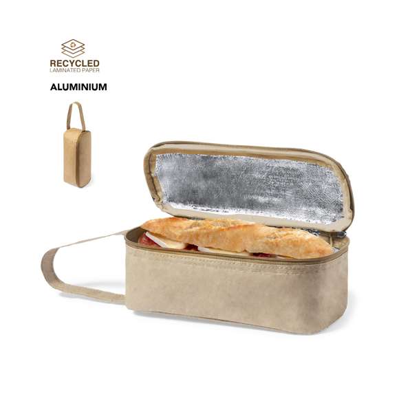 Portabocadillos térmico de línea nature. Exterior fabricado en resistente papel reciclado laminado, e interior isotermo en aluminio. Con cierre de cremallera y asa de transporte.