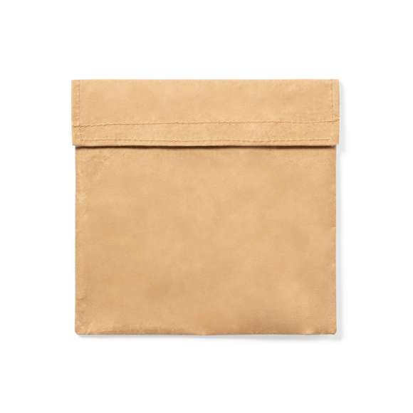 Portasnacks térmico de línea nature. Exterior fabricado en resistente papel reciclado laminado, e interior isotermo en PEVA. Con cierre de velcro.