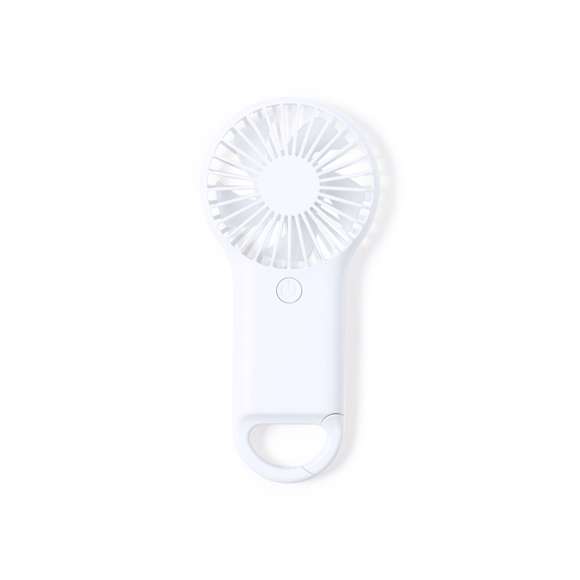 Ventilador fabricado en resistente ABS de color blanco, con mosquetón de enganche integrado. Con 2 velocidades de funcionamiento y presentado en caja individual de diseño kraft. Alimentación a pilas (3xAAA no incluidas).