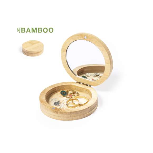  	Joyero de línea nature, con carcasa fabricada en bambú. Con espejo interior 1X y cierre magnético. Presentado en caja individual de diseño kraft.
