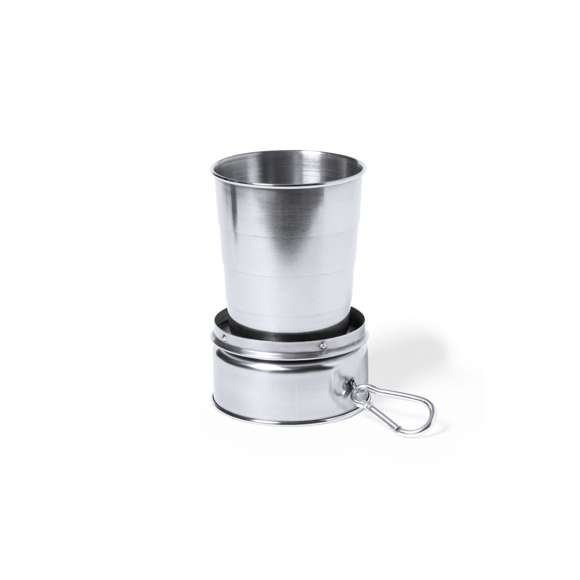 Original vaso plegable para emergencias fabricado en acero inox. De 220ml de capacidad y con mosquetón metálico de transporte.