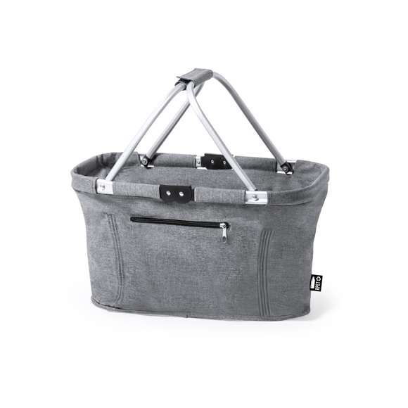 Cesta plegable fabricada en resistente 600D RPET. Con resistente estructura de aluminio y 2 asas de transporte plegables en aluminio, con cinta de velcro a juego. Bolsillo exterior con cierre de cremallera y etiqueta exterior con distintivo RPET. El material RPET se elabora a partir de plástico reciclado, para así fomentar la reutilización de residuos plásticos y ayudar a la sostenibilidad del planeta.