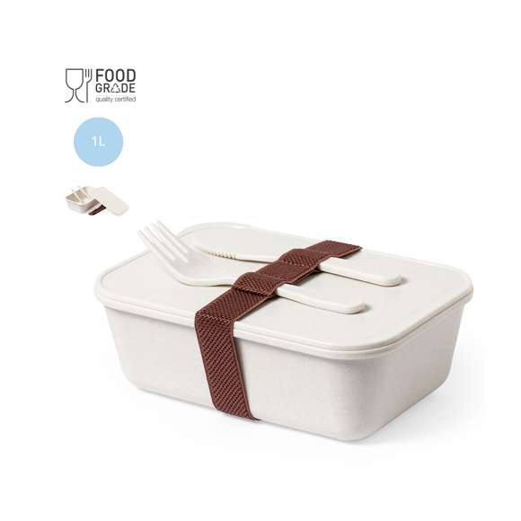 Fiambrera fabricada en PP veteado libre de BPA. De 1 l de capacidad, incluye cinta elástica de seguridad con tenedor y cuchillo. Certificación Food Grade, garantizando la seguridad cuando los alimentos entran en contacto con el material usado para fabricar el producto.
