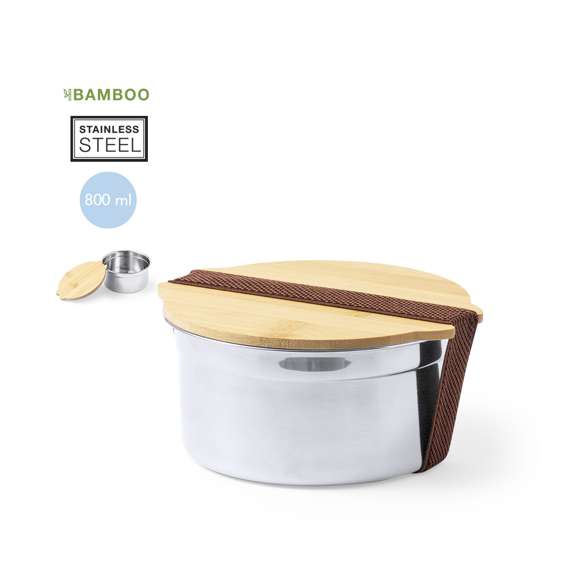 Fiambrera de 800 ml de capacidad fabricada en acero inox. Con tapa hermética en bambú y cinta elástica de cierre. Presentada en caja individual de diseño.