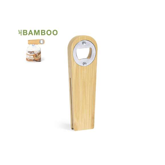 Original abridor magnético de línea nature, fabricado en resistente bambú. Con pinza integrada en cuerpo y sistema de apertura metálico.