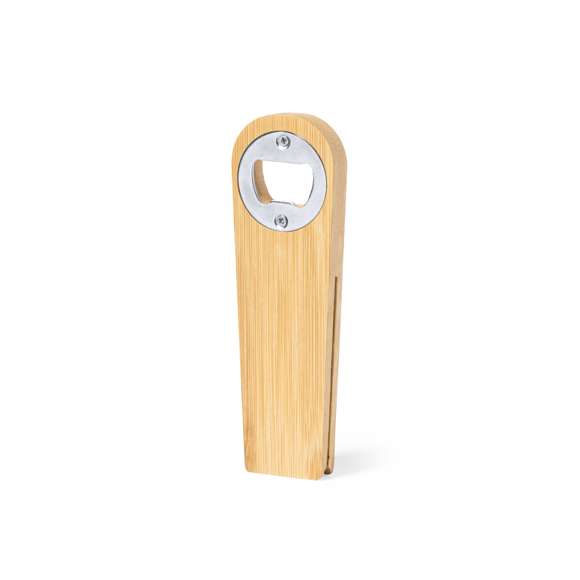 Original abridor magnético de línea nature, fabricado en resistente bambú. Con pinza integrada en cuerpo y sistema de apertura metálico.