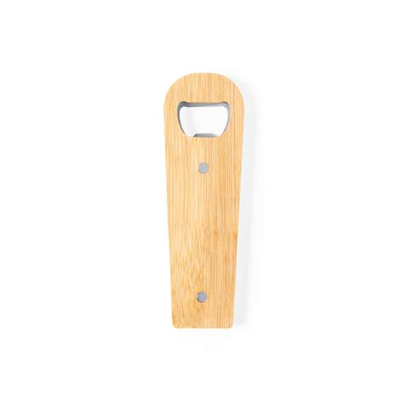 Original abridor magnético de línea nature, fabricado en resistente bambú. Con pinza integrada en cuerpo y sistema de apertura metálico.