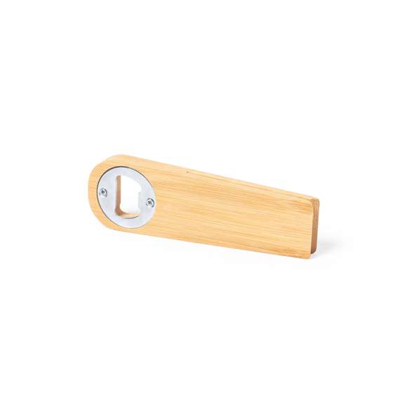 Original abridor magnético de línea nature, fabricado en resistente bambú. Con pinza integrada en cuerpo y sistema de apertura metálico.