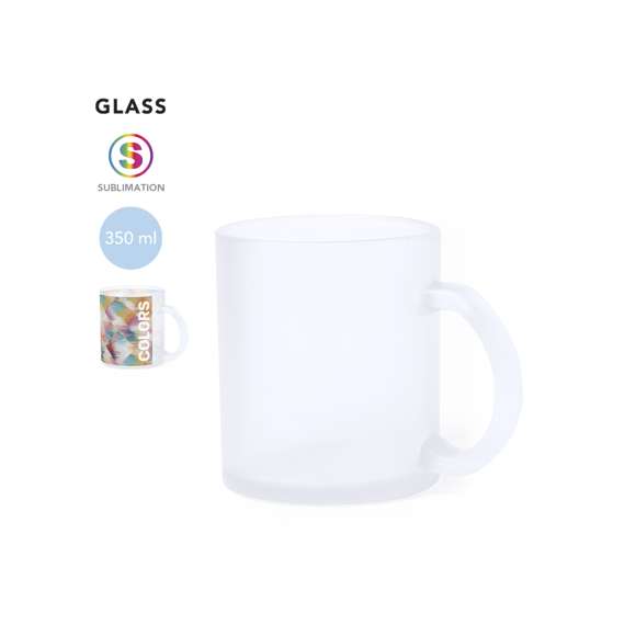 Taza de cristal de 350ml de capacidad, de acabado translúcido y especialmente diseñada para marcaje en sublimación. Presentada en caja individual de diseño kraft.