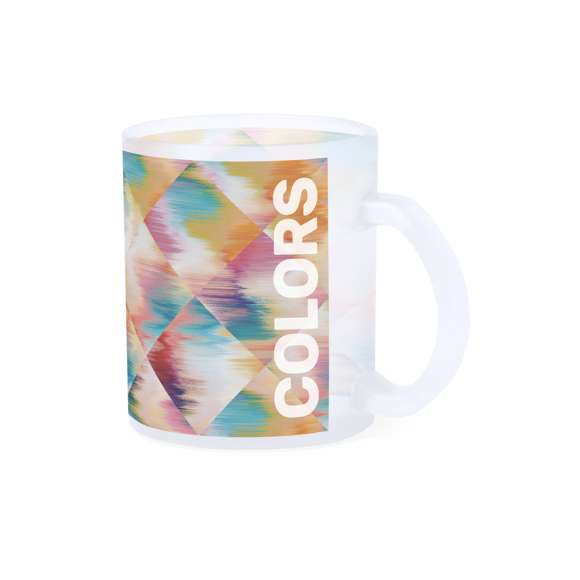 Taza de cristal de 350ml de capacidad, de acabado translúcido y especialmente diseñada para marcaje en sublimación. Presentada en caja individual de diseño kraft.