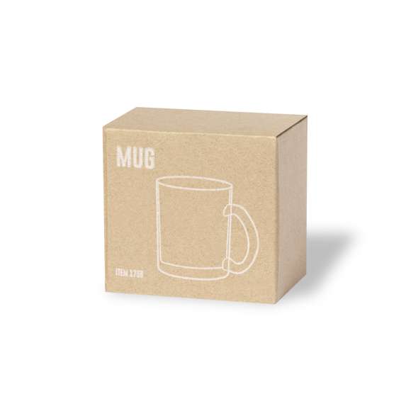 Taza de cristal de 350ml de capacidad, de acabado translúcido y especialmente diseñada para marcaje en sublimación. Presentada en caja individual de diseño kraft.