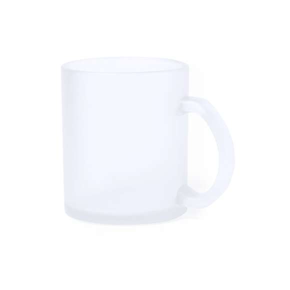 Taza de cristal de 350ml de capacidad, de acabado translúcido y especialmente diseñada para marcaje en sublimación. Presentada en caja individual de diseño kraft.