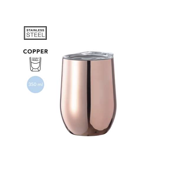 Vaso térmico de sobremesa fabricado en acero inox de doble pared y 350ml de capacidad, con recubrimiento exterior de cobre galvanizado. Dosificador en tapa y libre de BPA. Presentado en caja individual negra de diseño.