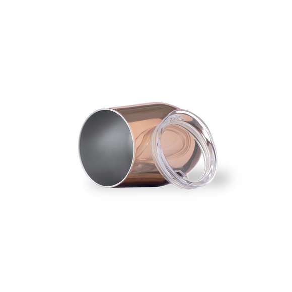 Vaso térmico de sobremesa fabricado en acero inox de doble pared y 350ml de capacidad, con recubrimiento exterior de cobre galvanizado. Dosificador en tapa y libre de BPA. Presentado en caja individual negra de diseño.