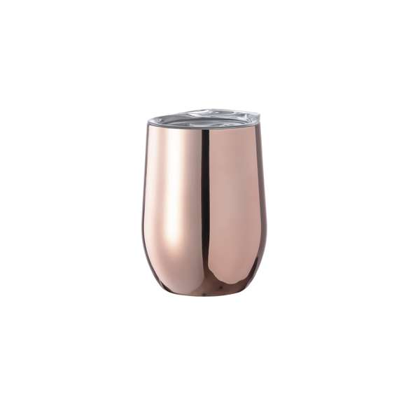 Vaso térmico de sobremesa fabricado en acero inox de doble pared y 350ml de capacidad, con recubrimiento exterior de cobre galvanizado. Dosificador en tapa y libre de BPA. Presentado en caja individual negra de diseño.