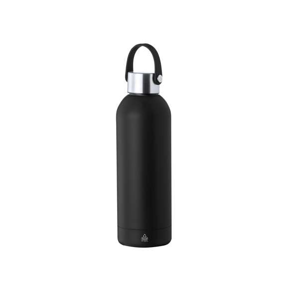 Bidón térmico de 500 ml de capacidad, fabricado en acero inox reciclado de doble pared, con tapón a rosca en mate y asa integrada a juego. Disponible en variada gama de colores satinados, libre de BPA y presentado en caja individual de diseño kraft.  El acero es uno de los materiales más demandados y que puede encontrarse casi en todas partes, desde productos de uso diario a grandes construcciones. Con innumerables propiedades, entre las que cabe destacar la durabilidad y su alto grado de reutilización, convirtiéndolo en una alternativa muy valorada en soluciones de sostenibilidad. Debidamente tratado, permite obtener nuevos recursos de infinita utilización.