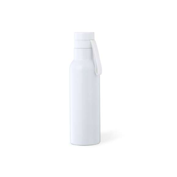 Bidón térmico de 530 ml de capacidad, fabricado en acero inox de doble pared. Con aislamiento de cobre al vacío, que permite mantener el calor y el frío durante más tiempo, llegando a las 12 y 48 horas respectivamente. Tapón a rosca con asa integrada a juego, libre de BPA. Disponible en variada gama de colores metalizados y presentado en caja individual de diseño kraft.