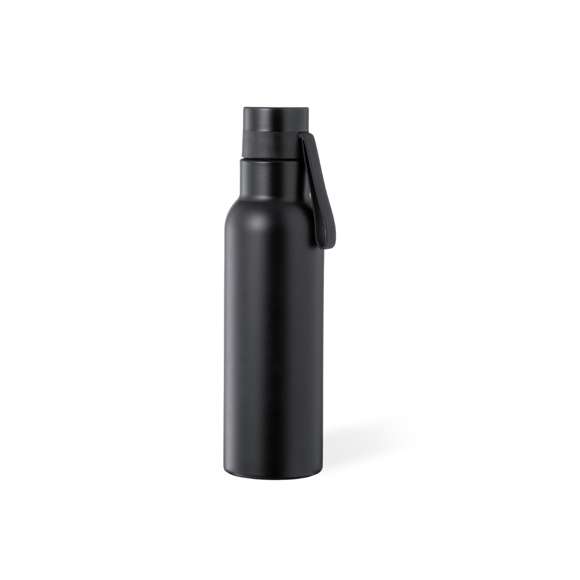 Bidón térmico de 530 ml de capacidad, fabricado en acero inox de doble pared. Con aislamiento de cobre al vacío, que permite mantener el calor y el frío durante más tiempo, llegando a las 12 y 48 horas respectivamente. Tapón a rosca con asa integrada a juego, libre de BPA. Disponible en variada gama de colores metalizados y presentado en caja individual de diseño kraft.