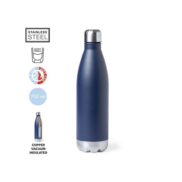 Bidón térmico de 750 ml de capacidad, fabricado en acero inox de doble pared. Con aislamiento de cobre al vacío, que permite mantener el calor y el frío durante más tiempo, llegando a las 12 y 48 horas respectivamente. Tapón a rosca, libre de BPA y con base a juego. Disponible en variada gama de colores metalizados y presentado en caja individual de diseño kraft.Disponible manual de instrucciones en español e inglés.