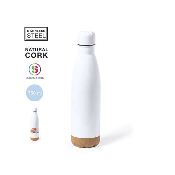 Bidón de 750 ml de capacidad, fabricado en acero inox y especialmente diseñado para marcaje en sublimación. De acabado blanco brillo, con tapón a rosca a juego y base en corcho natural. Libre de BPA y presentado en caja individual de diseño kraft. Disponible manual de instrucciones en español e inglés.