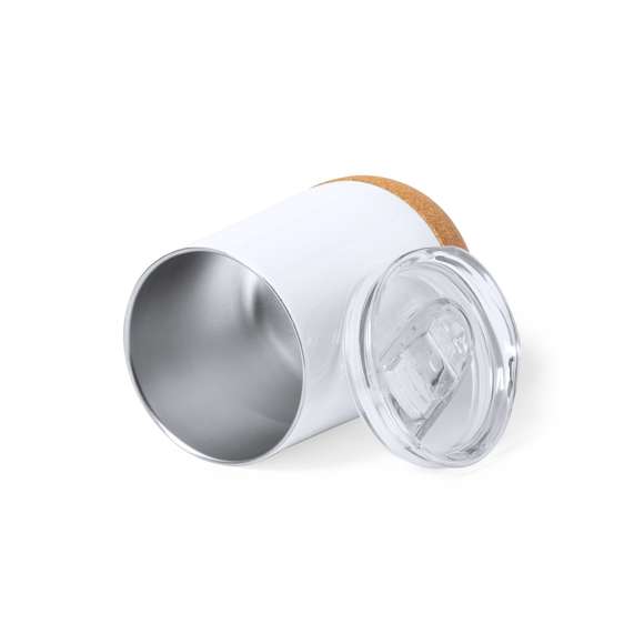 Vaso térmico de sobremesa fabricado en acero inox de doble pared y 330ml de capacidad. Especialmente diseñado para marcaje en sublimación, acabado en blanco brillo. Con dosificador abrefácil en tapa, libre de BPA, y base en corcho natural. Presentado en caja individual de diseño kraft.