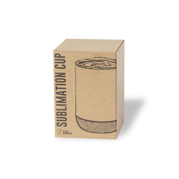 Vaso térmico de sobremesa fabricado en acero inox de doble pared y 330ml de capacidad. Especialmente diseñado para marcaje en sublimación, acabado en blanco brillo. Con dosificador abrefácil en tapa, libre de BPA, y base en corcho natural. Presentado en caja individual de diseño kraft.
