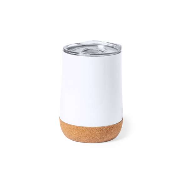 Vaso térmico de sobremesa fabricado en acero inox de doble pared y 330ml de capacidad. Especialmente diseñado para marcaje en sublimación, acabado en blanco brillo. Con dosificador abrefácil en tapa, libre de BPA, y base en corcho natural. Presentado en caja individual de diseño kraft.