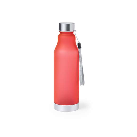 Bidón de 600ml de capacidad. Libre de BPA, con cuerpo de RPET elaborado a partir de plástico reciclado, para así fomentar la reutilización de residuos plásticos y contribuir a la sostenibilidad del planeta. Tapón a rosca en acero inox, con cordón de transporte y base a juego. Disponible en variada gama de colores.