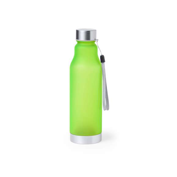 Bidón de 600ml de capacidad. Libre de BPA, con cuerpo de RPET elaborado a partir de plástico reciclado, para así fomentar la reutilización de residuos plásticos y contribuir a la sostenibilidad del planeta. Tapón a rosca en acero inox, con cordón de transporte y base a juego. Disponible en variada gama de colores.