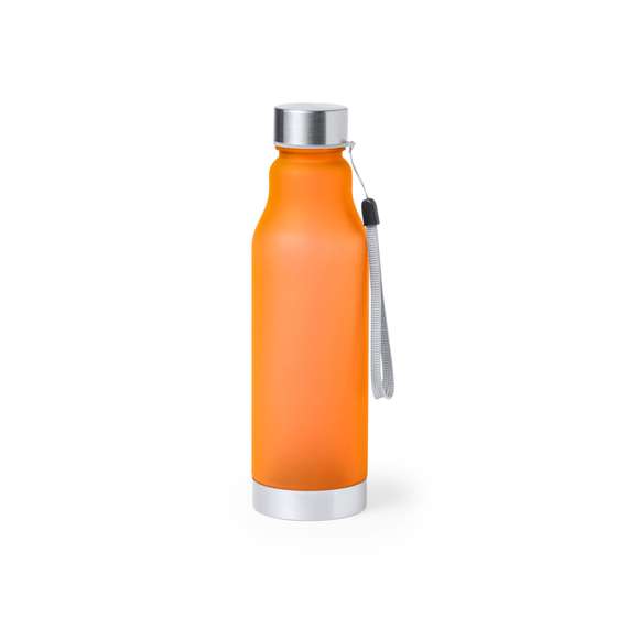 Bidón de 600ml de capacidad. Libre de BPA, con cuerpo de RPET elaborado a partir de plástico reciclado, para así fomentar la reutilización de residuos plásticos y contribuir a la sostenibilidad del planeta. Tapón a rosca en acero inox, con cordón de transporte y base a juego. Disponible en variada gama de colores.