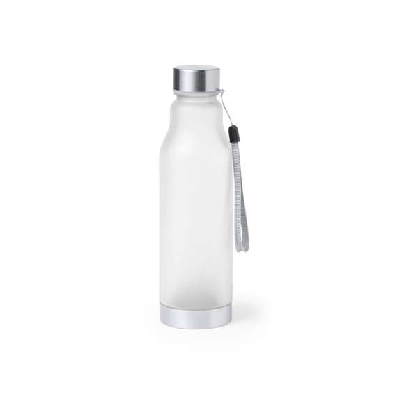 Bidón de 600ml de capacidad. Libre de BPA, con cuerpo de RPET elaborado a partir de plástico reciclado, para así fomentar la reutilización de residuos plásticos y contribuir a la sostenibilidad del planeta. Tapón a rosca en acero inox, con cordón de transporte y base a juego. Disponible en variada gama de colores.