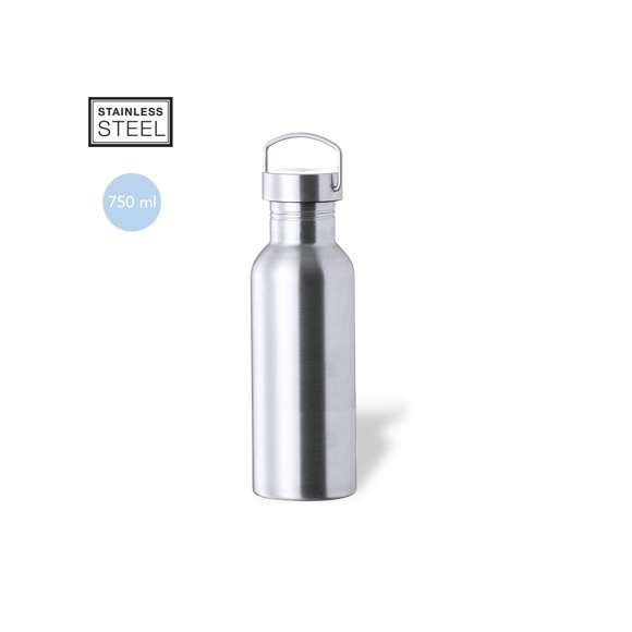 Bidón de 750 ml de capacidad, fabricado en acero inox de acabado brillo. Con original tapón a rosca en acero inox, a juego y con asa integrada. Libre de BPA y presentado en caja individual de diseño kraft.Disponible manual de instrucciones en español e inglés.