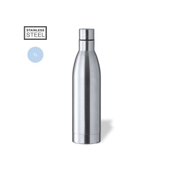 Bidón de 1 l de capacidad, fabricado en acero inox de acabado brillo. Con tapón a rosca en acero inox a juego, libre de BPA. Presentado en caja individual de diseño kraft.Disponible manual de instrucciones en español e inglés.