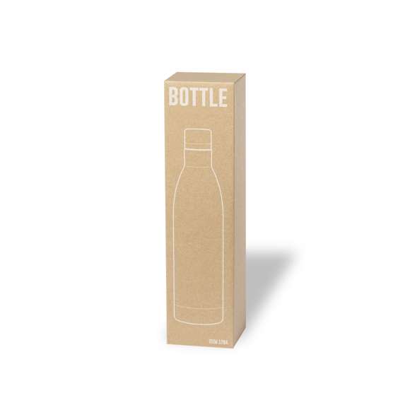 Bidón de 1 l de capacidad, fabricado en acero inox de acabado brillo. Con tapón a rosca en acero inox a juego, libre de BPA. Presentado en caja individual de diseño kraft.Disponible manual de instrucciones en español e inglés.