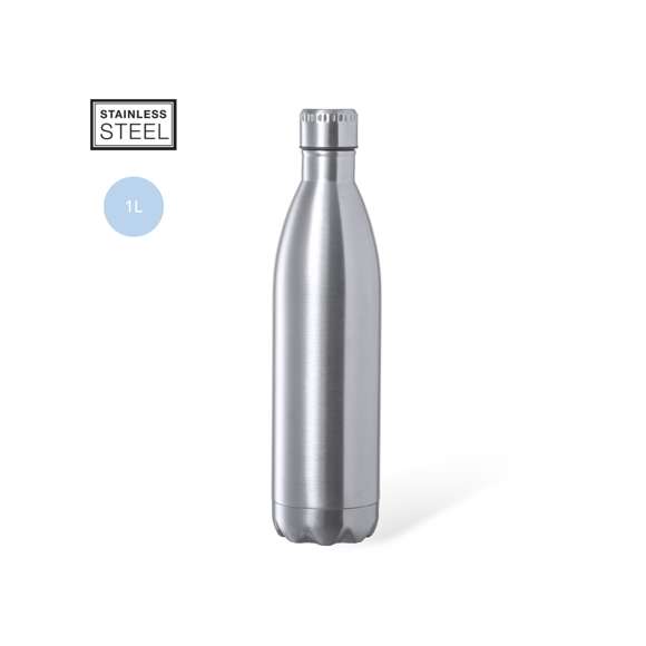 Bidón de 1 l de capacidad, fabricado en acero inox de acabado brillo. Con tapón a rosca en acero inox a juego, libre de BPA. Presentado en caja individual de diseño kraft.Disponible manual de instrucciones en español e inglés.
