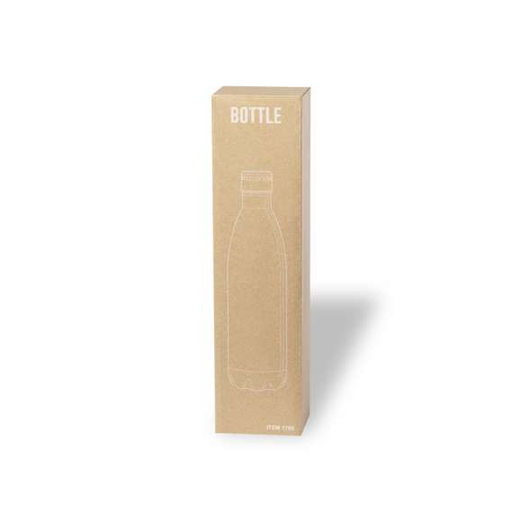 Bidón de 1 l de capacidad, fabricado en acero inox de acabado brillo. Con tapón a rosca en acero inox a juego, libre de BPA. Presentado en caja individual de diseño kraft.Disponible manual de instrucciones en español e inglés.