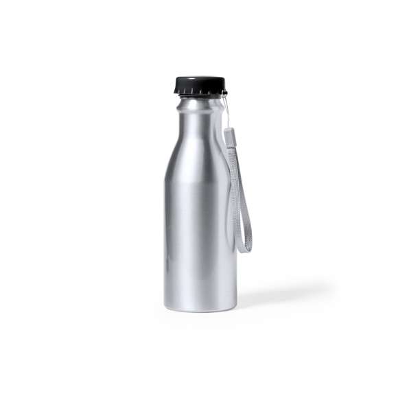 Bidón de 500 ml de capacidad, fabricado en aluminio de acabado brillo. Con original tapón chapineta en negro, a rosca y con cinta de transporte. Libre de BPA y presentado en caja individual de diseño kraft.