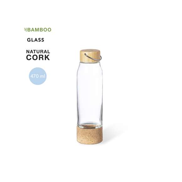 Bidón de línea nature y 470 ml de capacidad. Cuerpo fabricado en cristal, con base en corcho. Incluye original tapón a rosca de bambú con asa integrada. Presentado en caja individual de diseño eco.