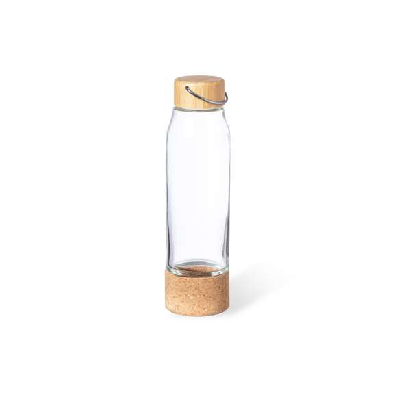 Bidón de línea nature y 470 ml de capacidad. Cuerpo fabricado en cristal, con base en corcho. Incluye original tapón a rosca de bambú con asa integrada. Presentado en caja individual de diseño eco.
