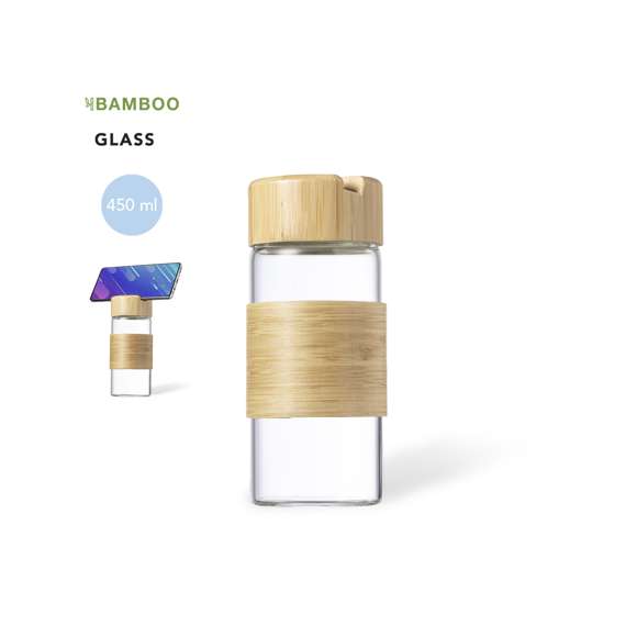 Bidón multifunción de línea nature y 450 ml de capacidad. Cuerpo fabricado en cristal, con tira central en bambú. Incluye tapón a rosca de bambú, con soporte integrado para smartphone. Presentado en caja individual de diseño eco.