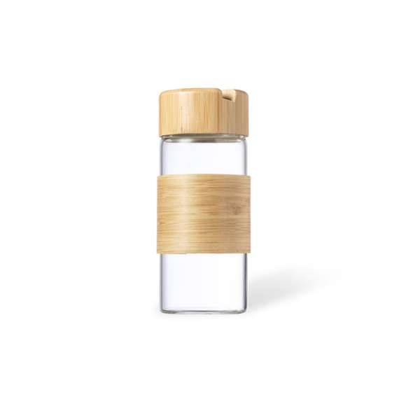 Bidón multifunción de línea nature y 450 ml de capacidad. Cuerpo fabricado en cristal, con tira central en bambú. Incluye tapón a rosca de bambú, con soporte integrado para smartphone. Presentado en caja individual de diseño eco.