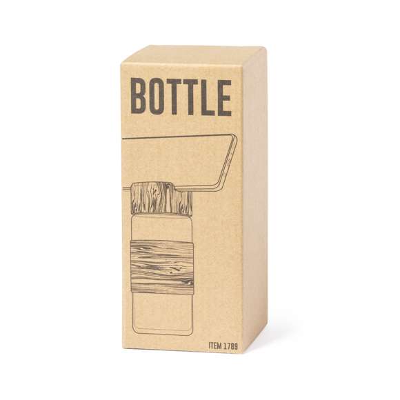 Bidón multifunción de línea nature y 450 ml de capacidad. Cuerpo fabricado en cristal, con tira central en bambú. Incluye tapón a rosca de bambú, con soporte integrado para smartphone. Presentado en caja individual de diseño eco.